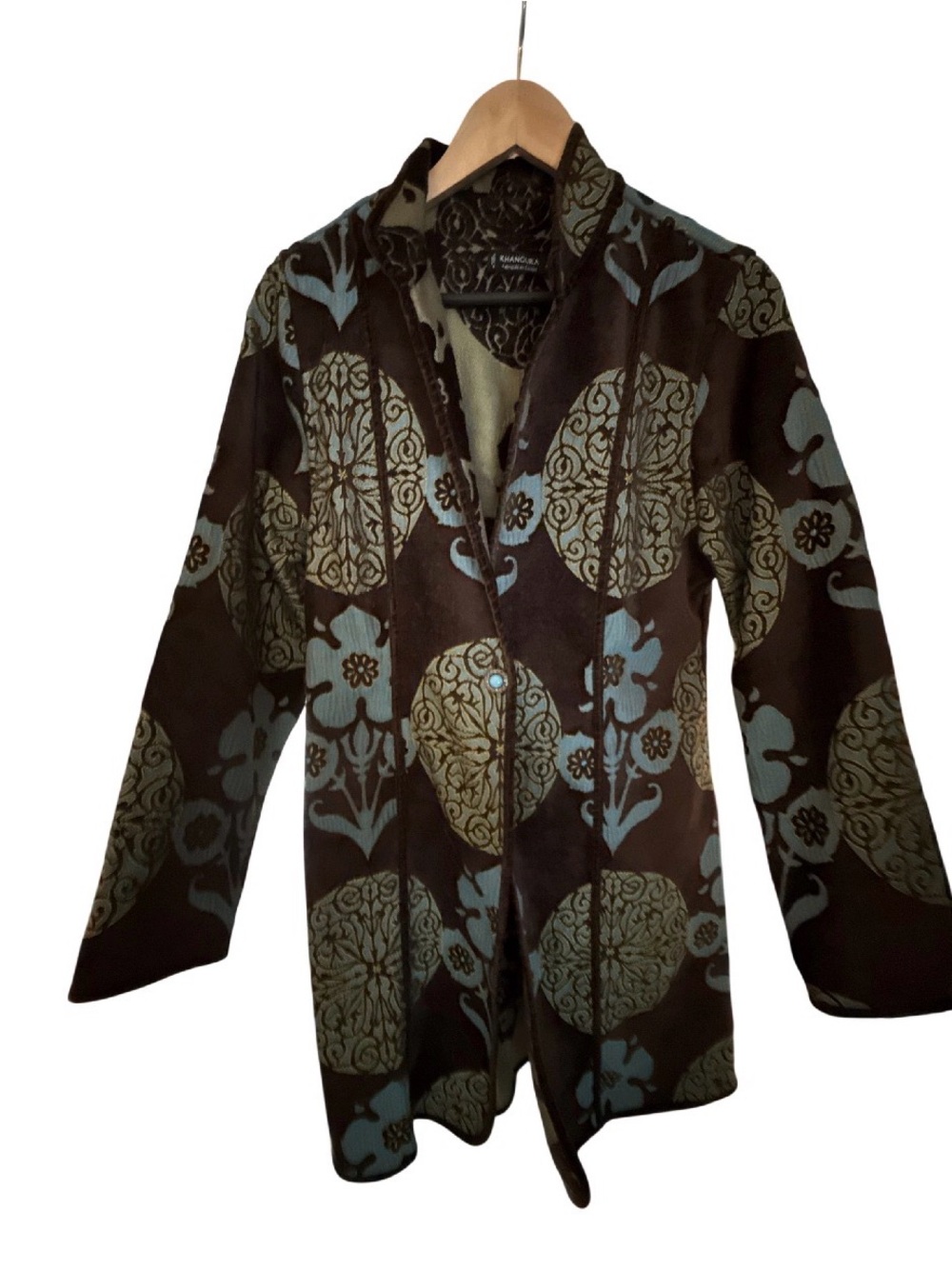 Brown Patterned Longline Blazer Jacket with Teal Accents